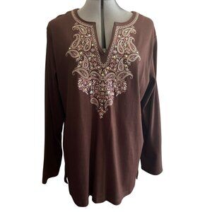 White Stag Ladies XL Brown Embroidered V Neck Long Sleeve Tunic Top